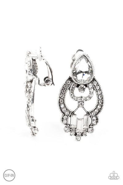 Glamour Gauntlet - White rhinestone clip on earrings Paparazzi