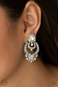 Glamour Gauntlet - White rhinestone clip on earrings Paparazzi