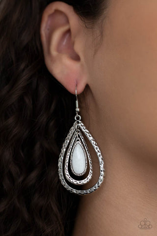 Teardrop Torrent - White earrings Paparazzi