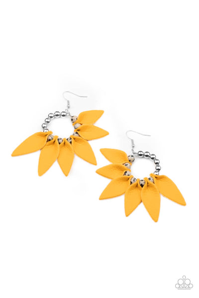 Flower Child Fever - Yellow leather earrings Paparazzi Accessories