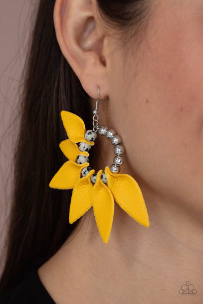Flower Child Fever - Yellow leather earrings Paparazzi Accessories
