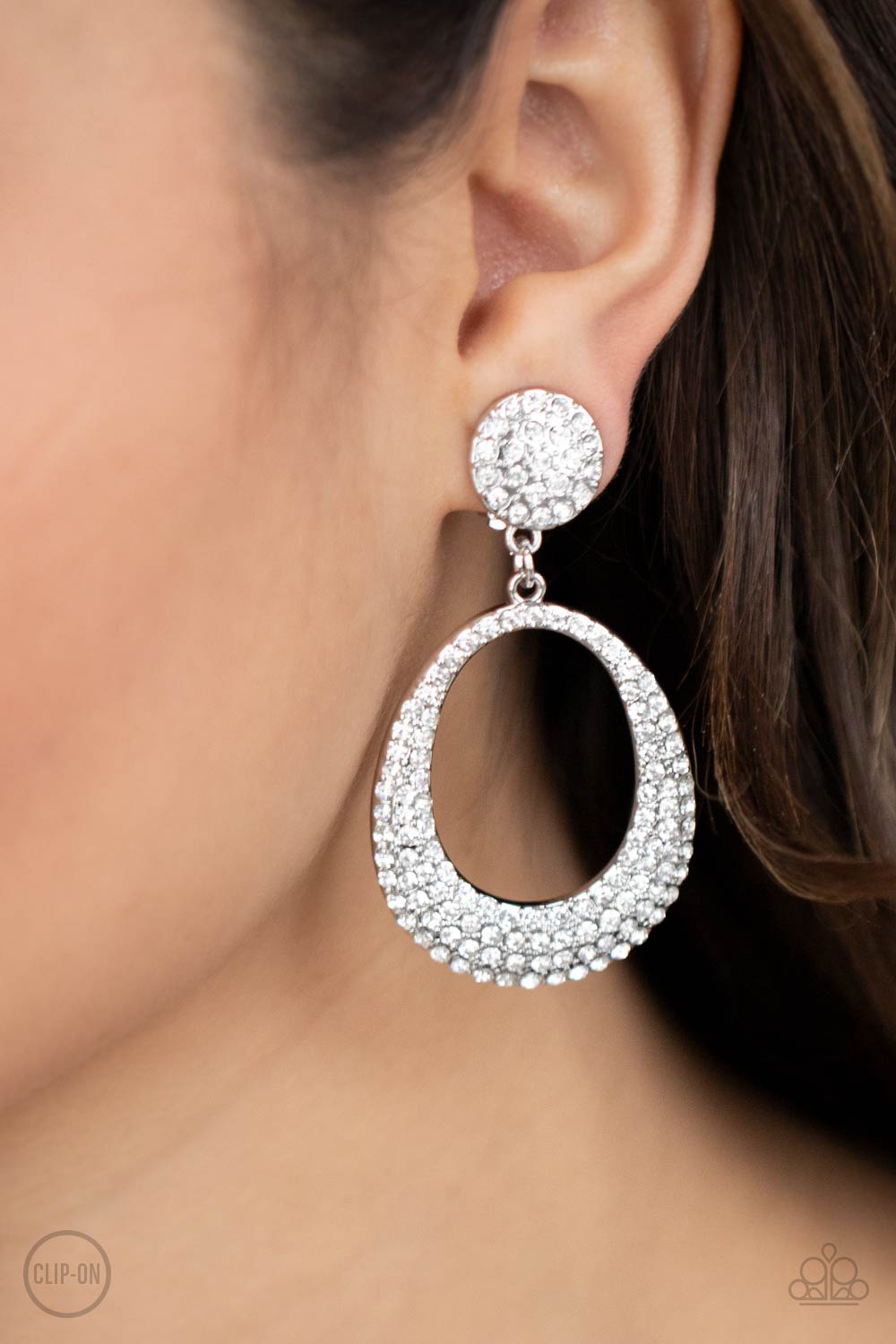 Sophisticated Smolder - White rhinestone clip on earrings Paparazzi
