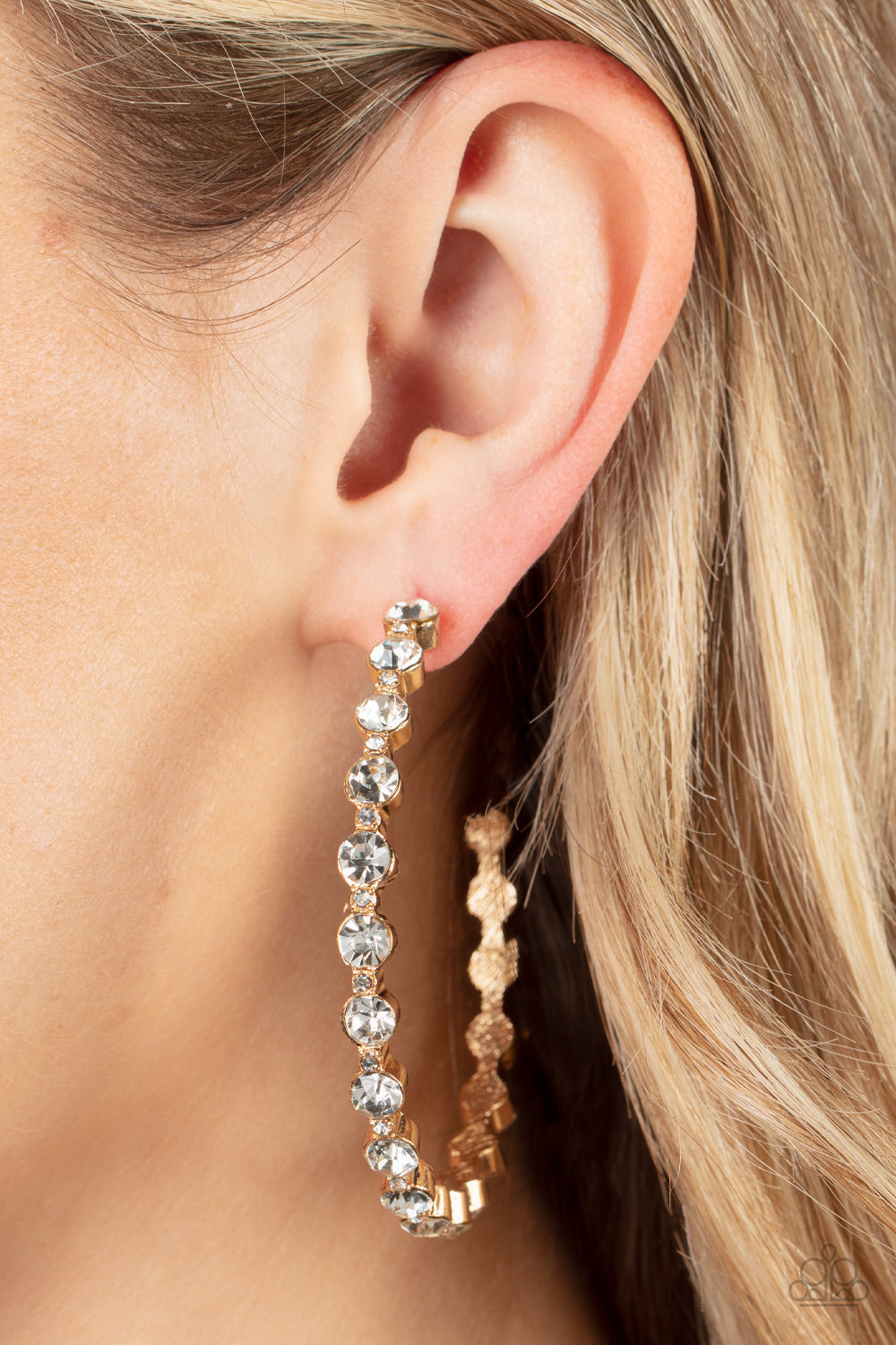 Royal Reveler - Gold rhinestone hoop earrings Paparazzi Accessories